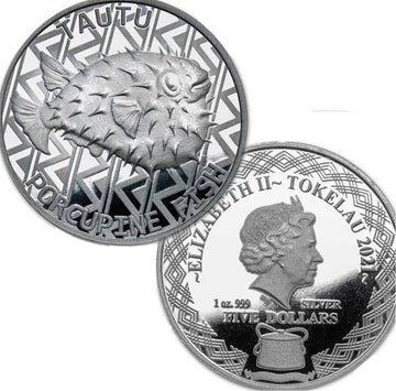 2021 Tokelau Porcupine Fish (Tautu) $5 1 oz Silver Coin Mint Direct Apmex Pkg