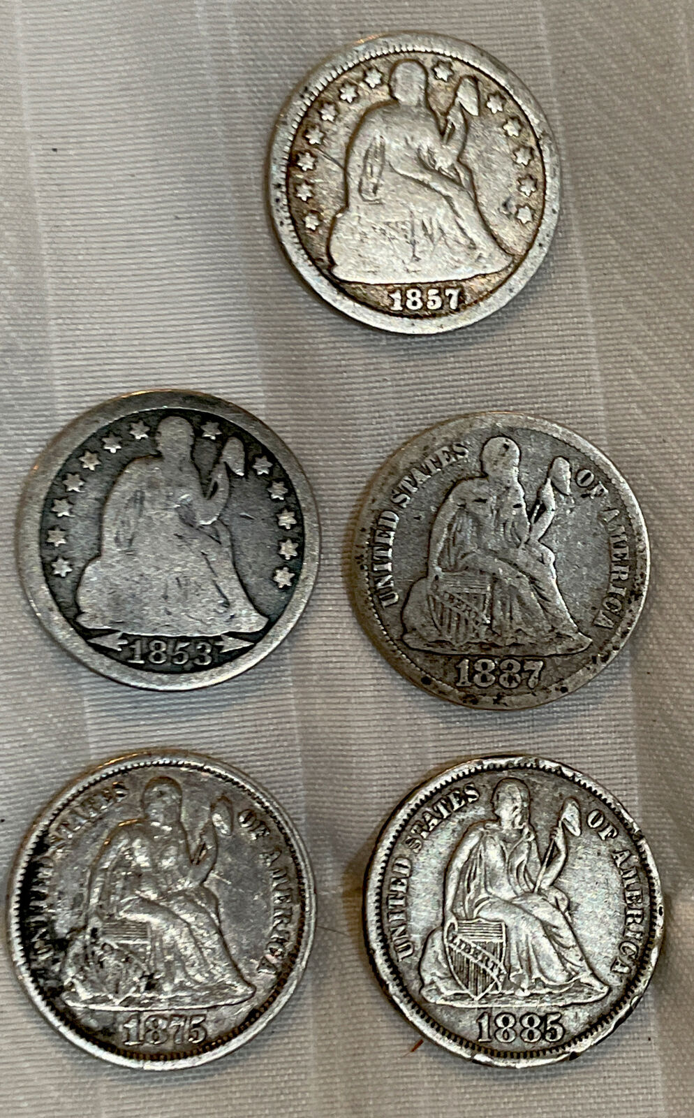 5 better quality seated liberty dimes: 1853, 1857, 1875, 1885, &1887s Great Deal