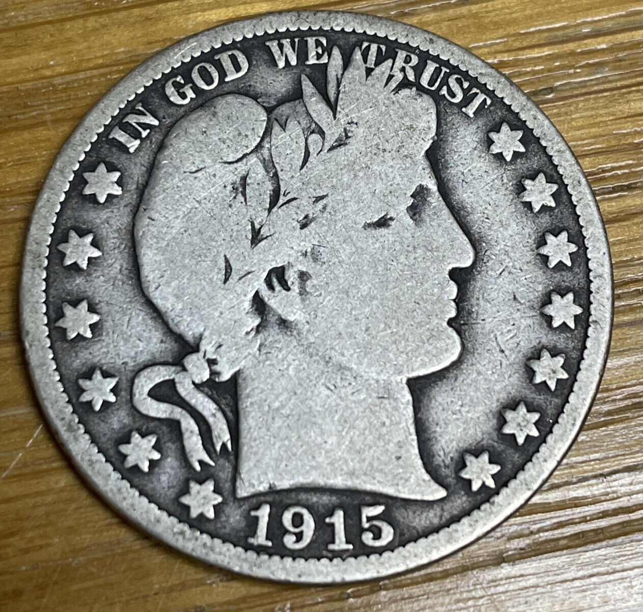 1915 s Silver Barber Half Dollar Very Good Strong L +partial liberty in headband