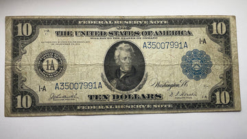 $10 1914 Federal Reserve Note Boston MA Fine no holes or rips collectible