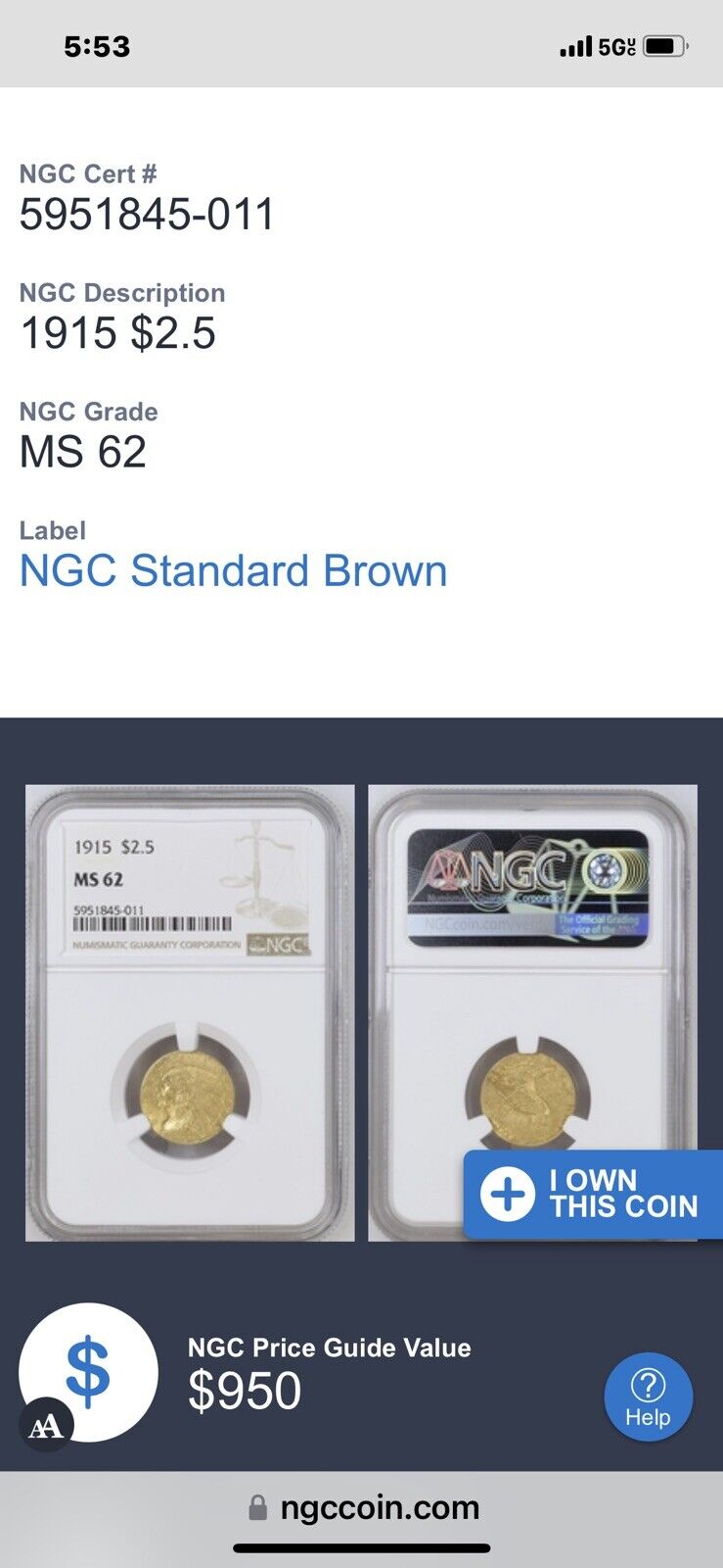 1915 1/4 Eagle $2.50 gold NGC MS62 Indian Head Gold Piece GSR Gorgeous