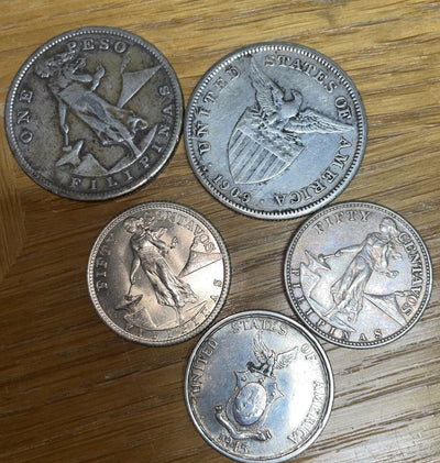 Lot: 5pc SilverFilipinas collection 1907s 1909s peso + 2 1944 & 1945 50 centavos