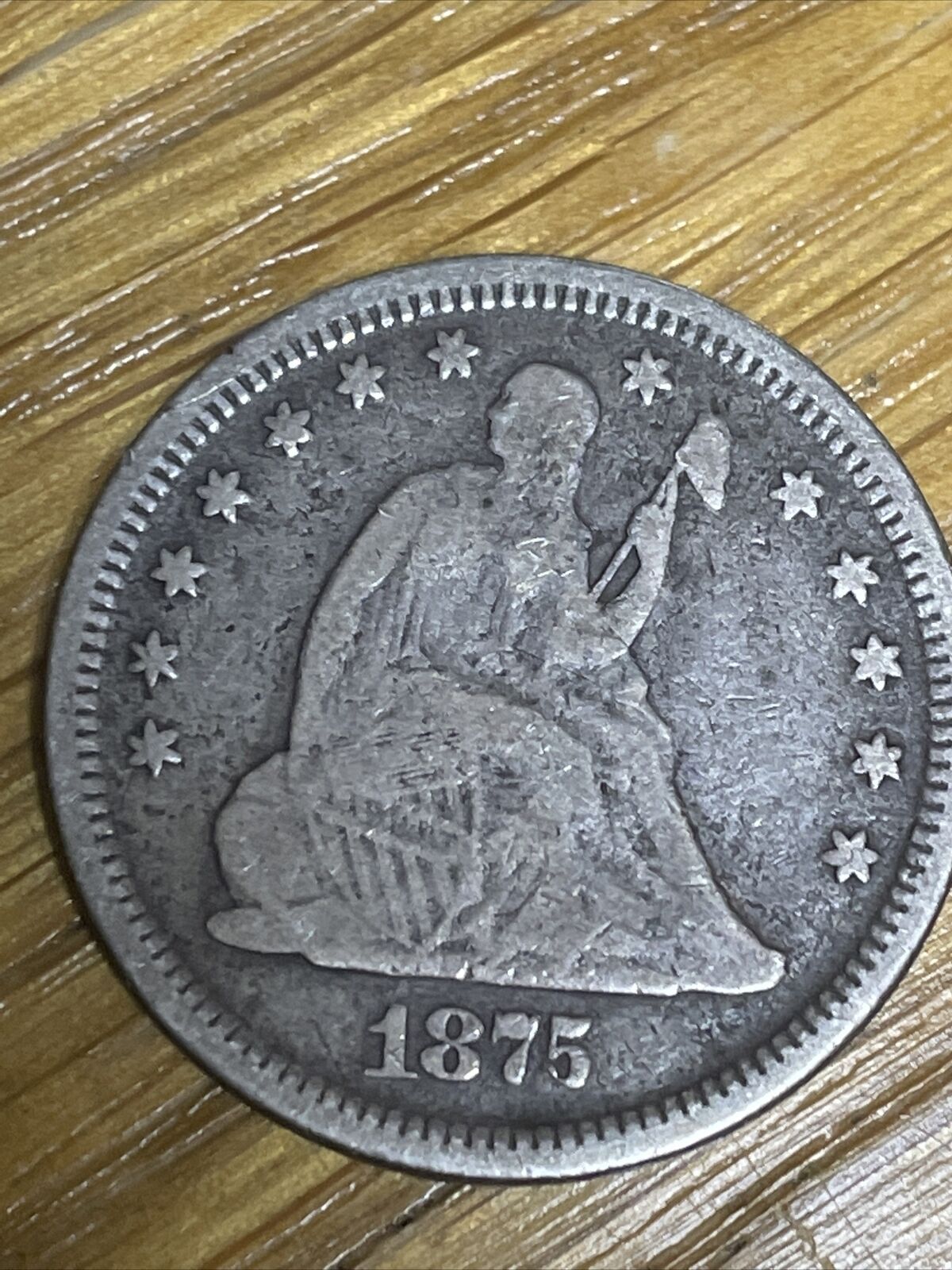 beautiful Type 5 1875 seated silver quarter Choice Fine sharp features