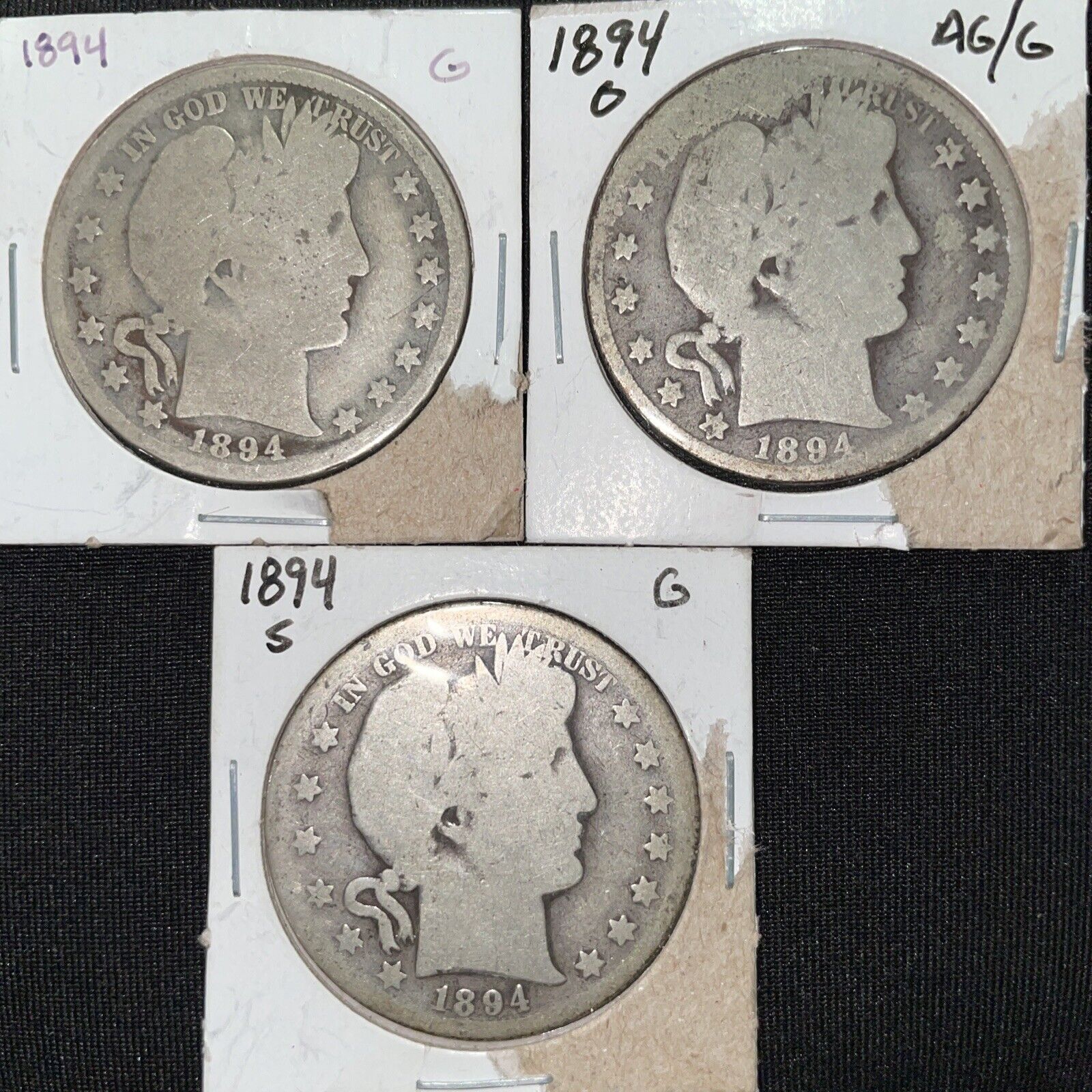 Set of 3 1894 POS Barber Silver Halves About Good to Good. Great Starters!