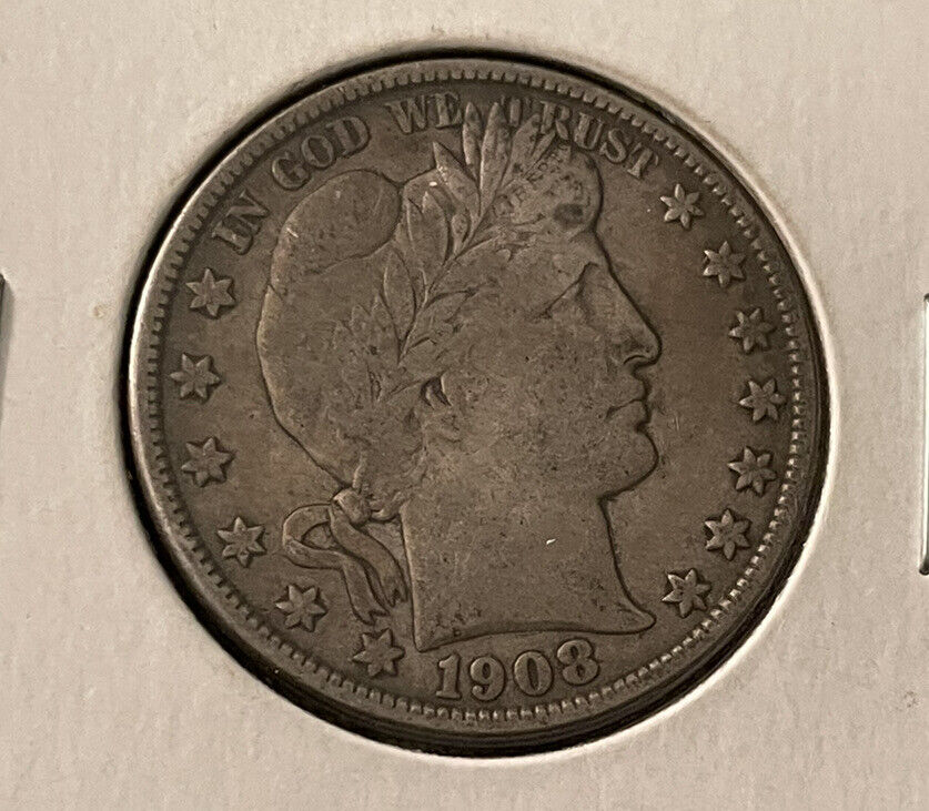 1908o barber half$ “LIBERTY” on headband fine To VF Silver Antique Coin PriceCUT