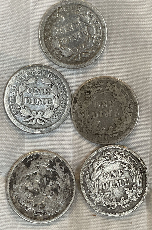 5 better quality seated liberty dimes: 1853, 1857, 1875, 1885, &1887s Great Deal