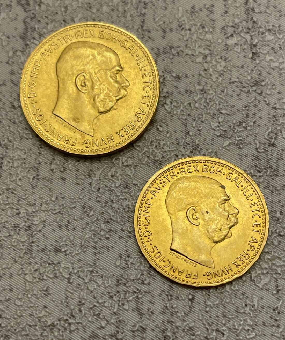 Beautiful BU pair Austrian gold restrikes 10 & 20 Corona 1912-15 Over 10 GM Gold