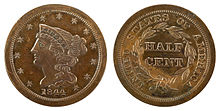 HALF CENT, BRAIDED HAIR (1849 - 1857) FINE
